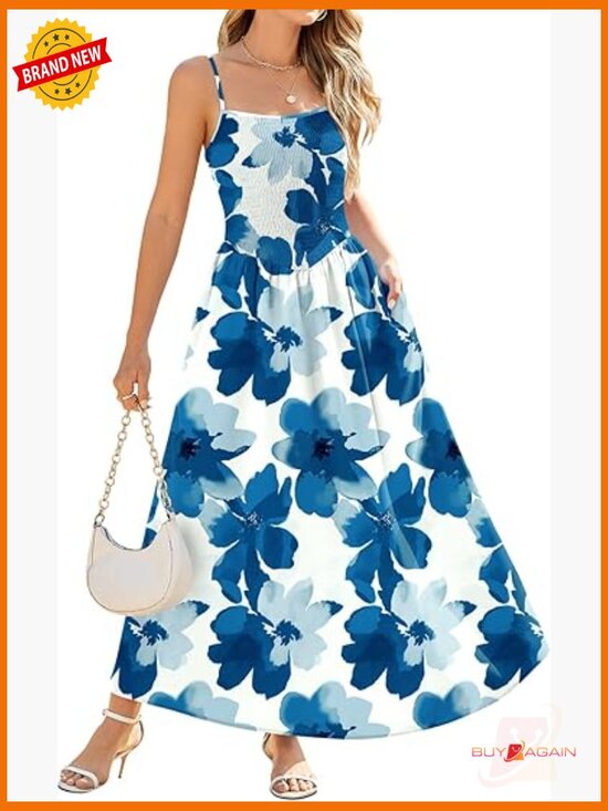 Dresses & Skirts - Women's Smocked Spaghetti Strap Maxi Dress A-Line Flowy Long Sundress with